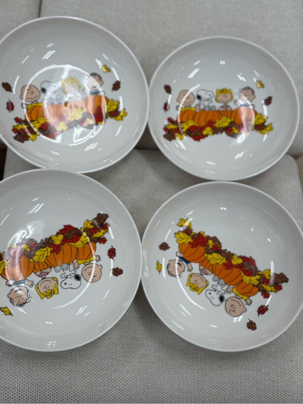 Peanuts Fall Ceramic Bowls Set 4- White with Orange Pumpkin Design